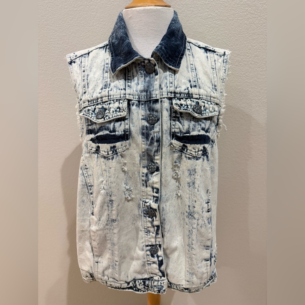 VANILLA STAR JEANS COTTON SLEEVELESS VEST Jacket SZ 1X Acid Wash Distressed